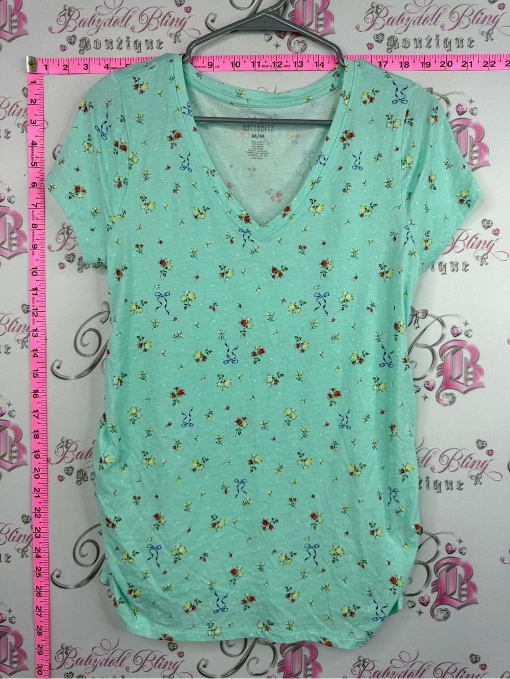 Paisley Sky tshirt bows ribbons Mint Green Floral V-Neck Short Sleeve Tee